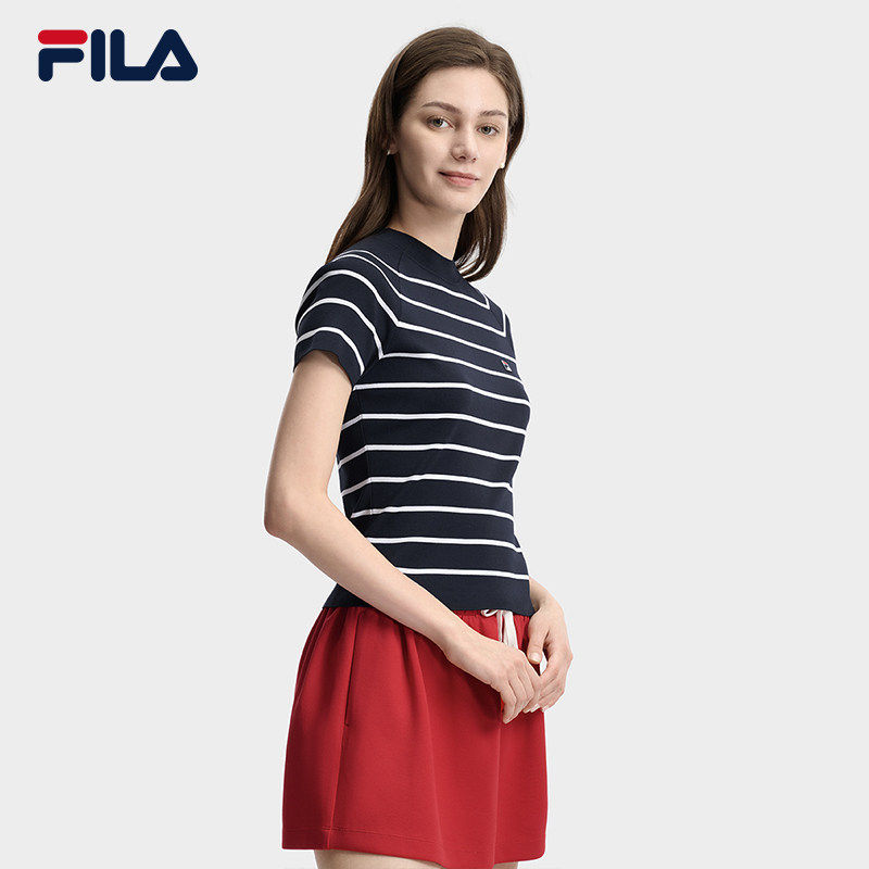 FILA斐乐官方短袖编织衫女夏季时尚修身条纹短款上衣F11W628413F