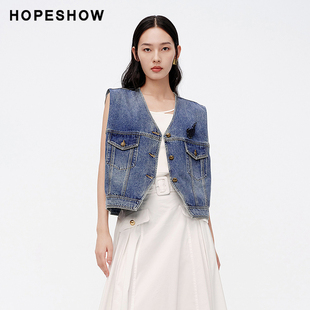 红袖/HOPESHOW牛仔马甲夏季女装单排扣V领外套89224181901