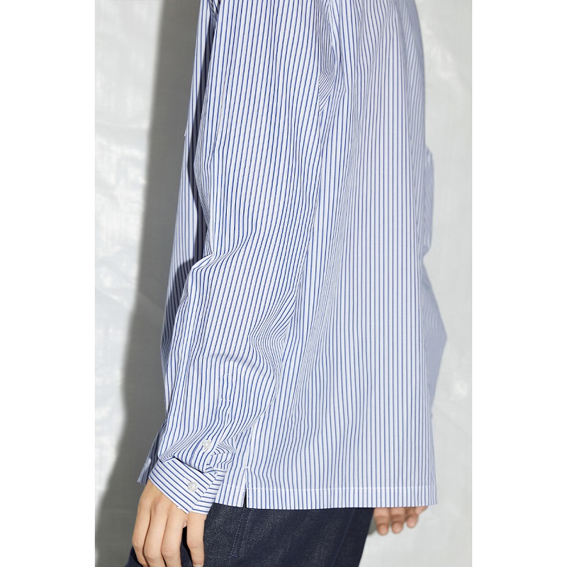 AM麦檬男装秋季新款简约蓝色条纹棉质薄款男士衬衫9C7120531