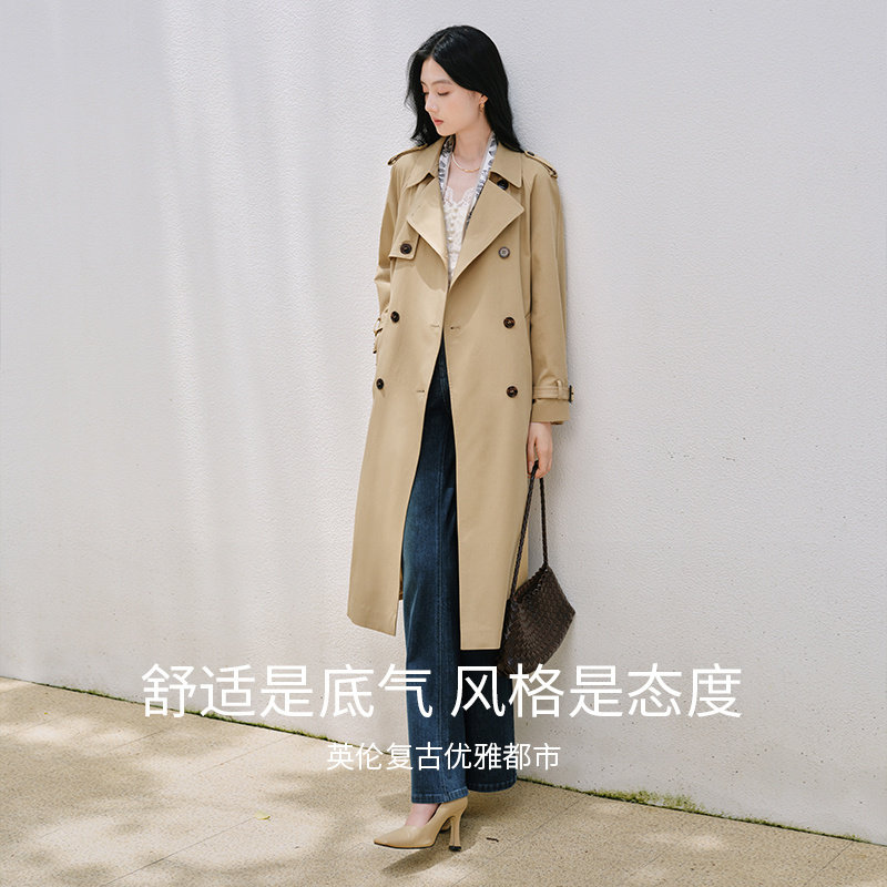 香影英伦风中长款风衣女双排扣通勤卡其色外套D85A403