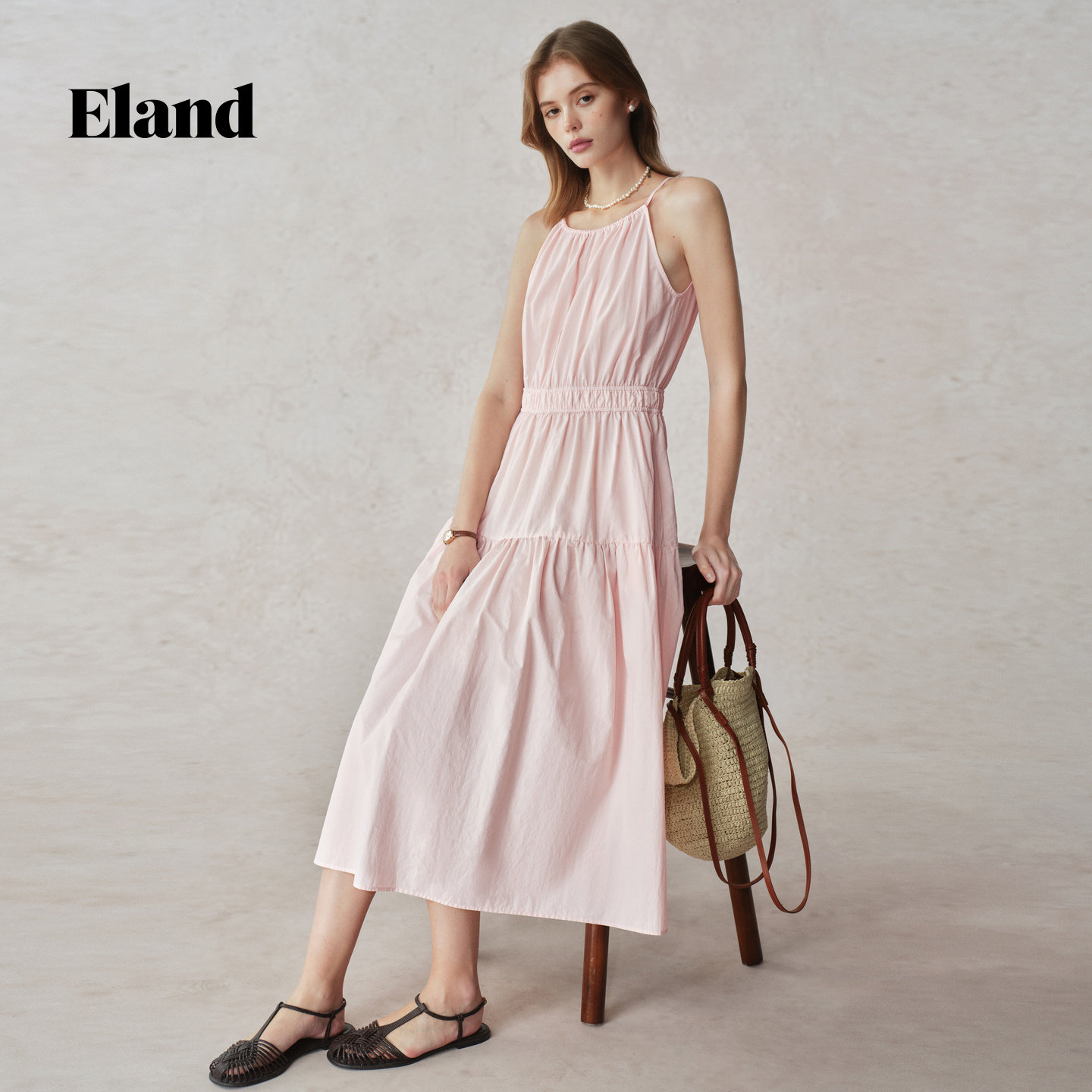 【元气裙】Eland连衣裙女挂脖领系带a字裙2025秋季