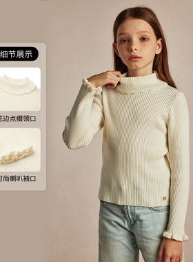 eland kids女童针织衫2024年冬季撞色花边喇叭袖毛衣EKKAE4V21A
