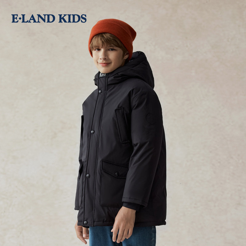 eland kids衣恋童装男童羽绒服 中长款宽松连帽外套