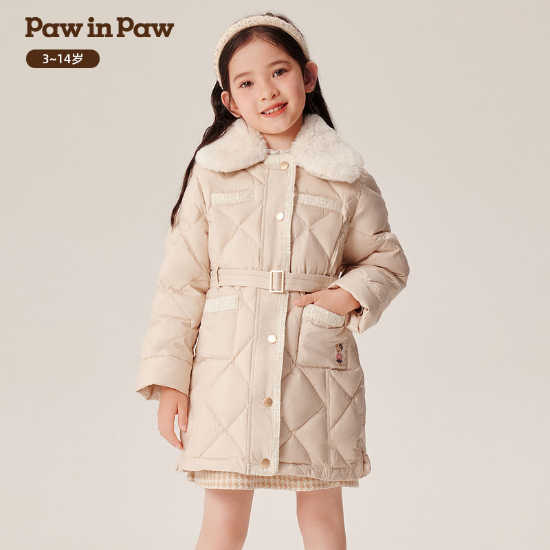 PAWINPAW卡通小熊童装女童中长款翻领羽绒服保暖PCJDE4T22M