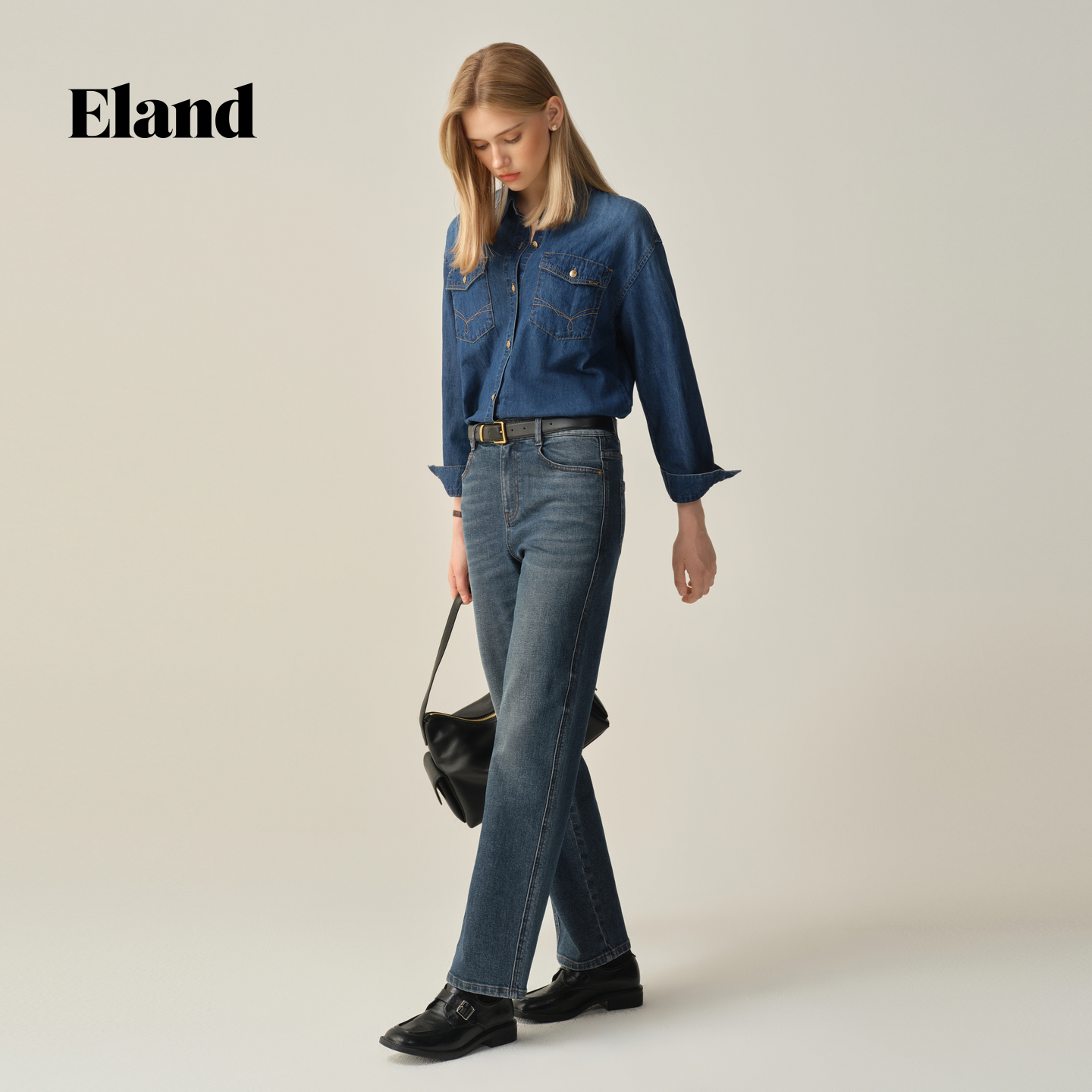 Eland衬衫单排扣长袖翻领牛仔外套2025秋季EEYPF49E03