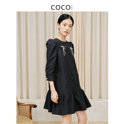 COCOCOZI夏季黑色泡泡袖荷叶边连衣裙设计抽褶气质宽松212CP45
