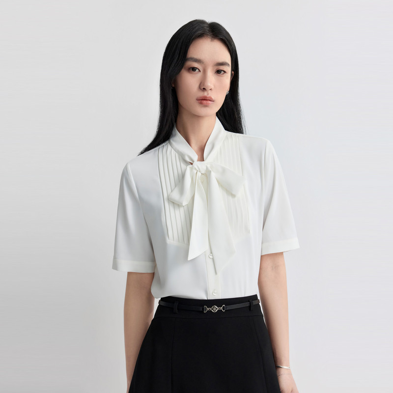 PRICH时尚清爽飘带领褶皱前襟雪纺短袖衬衫2026夏通勤上衣女