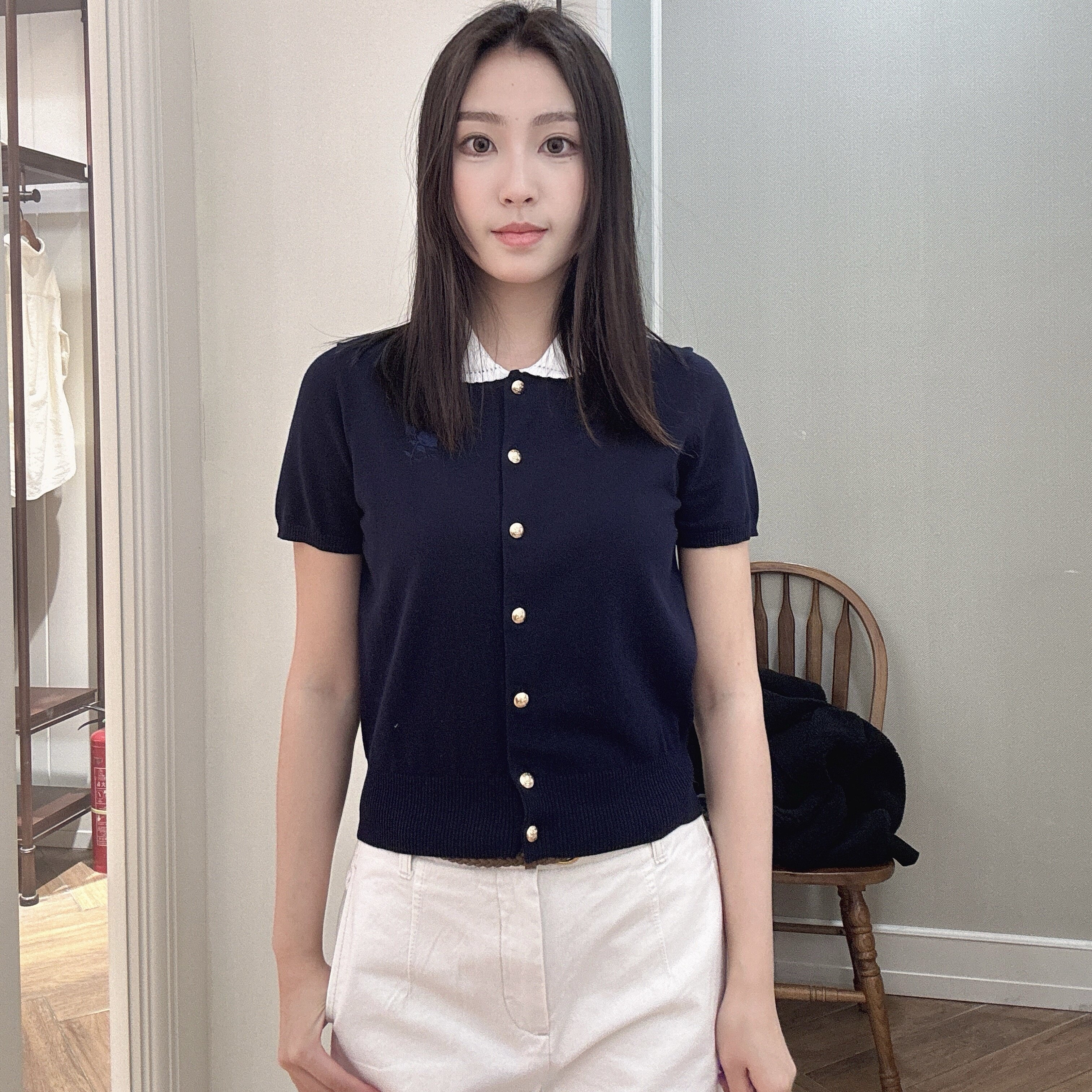 Eland毛针织衫女娃娃领单排扣短袖开衫2026夏新款1046042997681