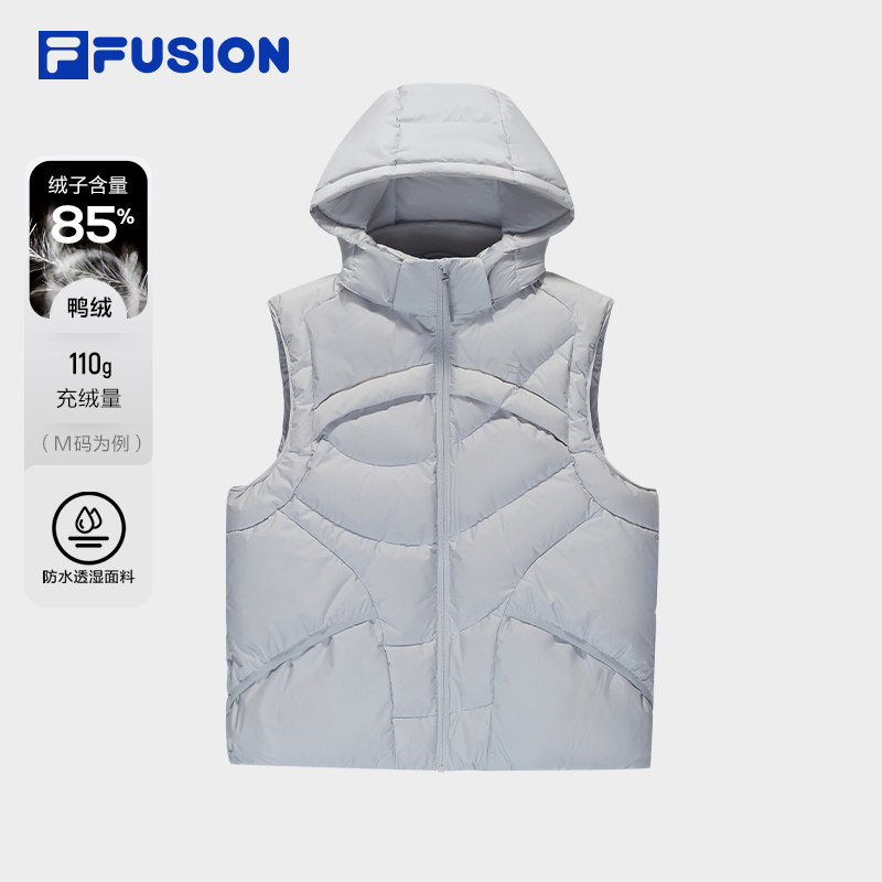 FILA FUSION斐乐潮牌羽绒马甲女2025冬新款连帽外套T11W541902F