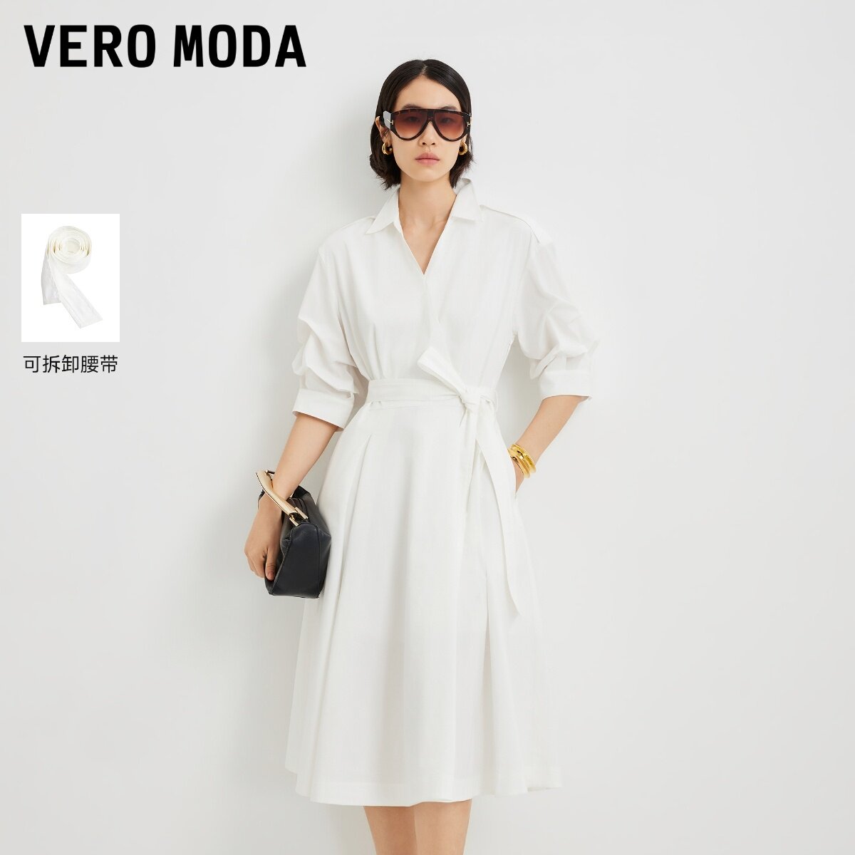 Vero Moda连衣裙2026夏季新款腰带内衬抽褶泡泡袖A字裙32627C005