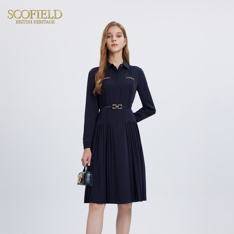 Scofield女装翻领收腰长袖 连衣裙优雅中长裙子