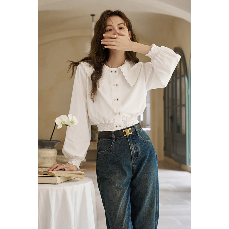 谜秀春季白色娃娃领灯笼袖短款衬衫MXD12C0164
