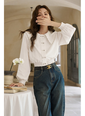 谜秀春季白色娃娃领灯笼袖短款衬衫MXD12C0164