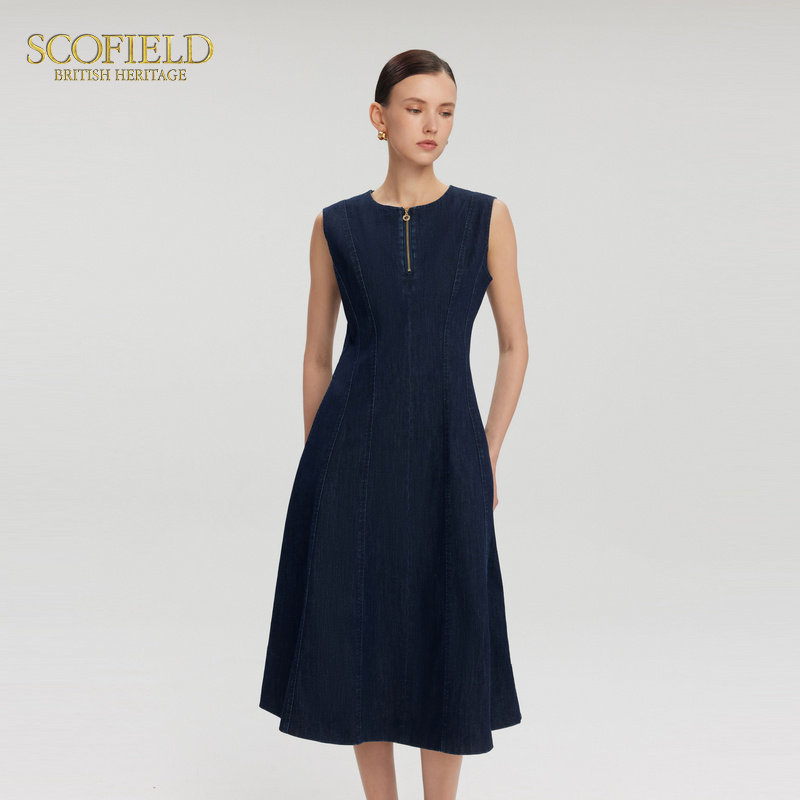 Scofield女士圆领无袖收腰牛仔连衣裙