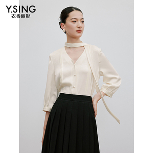 衣香丽影v领法式独特漂亮雪纺衬衫940711301