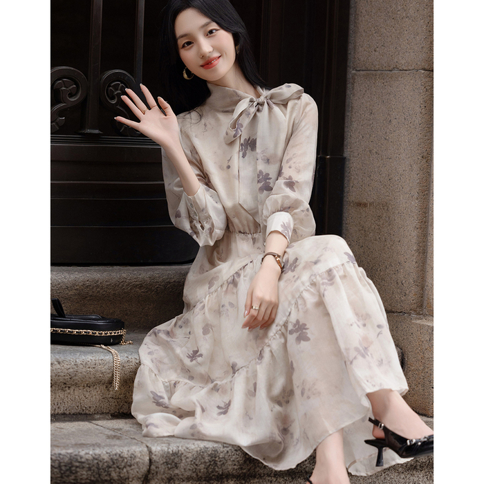 dme德玛纳维多利亚仙女法式飘带领雪纺碎花连衣裙G539321520117