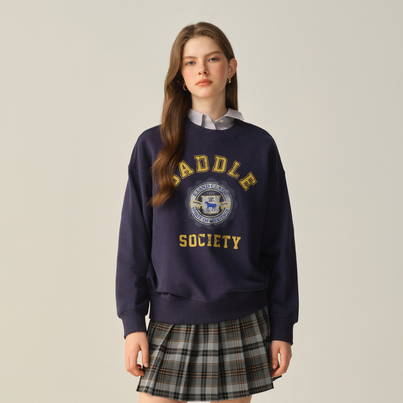 100%棉Eland卫衣女休闲圆领字母印花上衣2025秋季新款EEMTF49E01