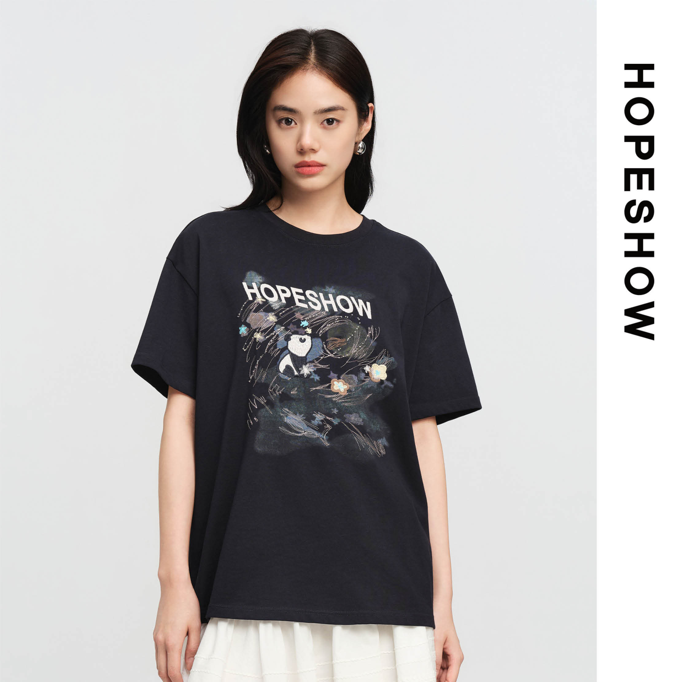 HOPESHOW红袖女士时尚简约藏青撞色圆领短袖T恤女89126220201