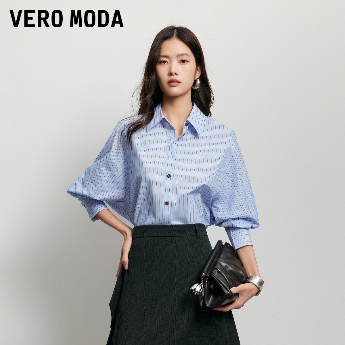 Vero Moda衬衫女2026秋季新款竖条纹蝙蝠袖翻领衬衫32636V001