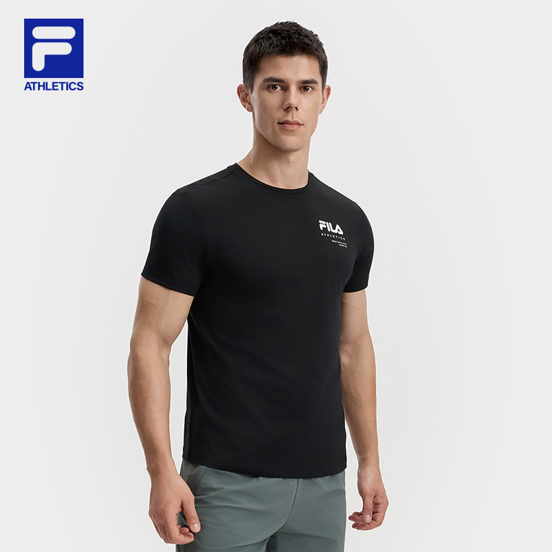 黄景瑜同款FILA 斐乐官方男短袖2025新秋圆领黑色上衣A11M531116F