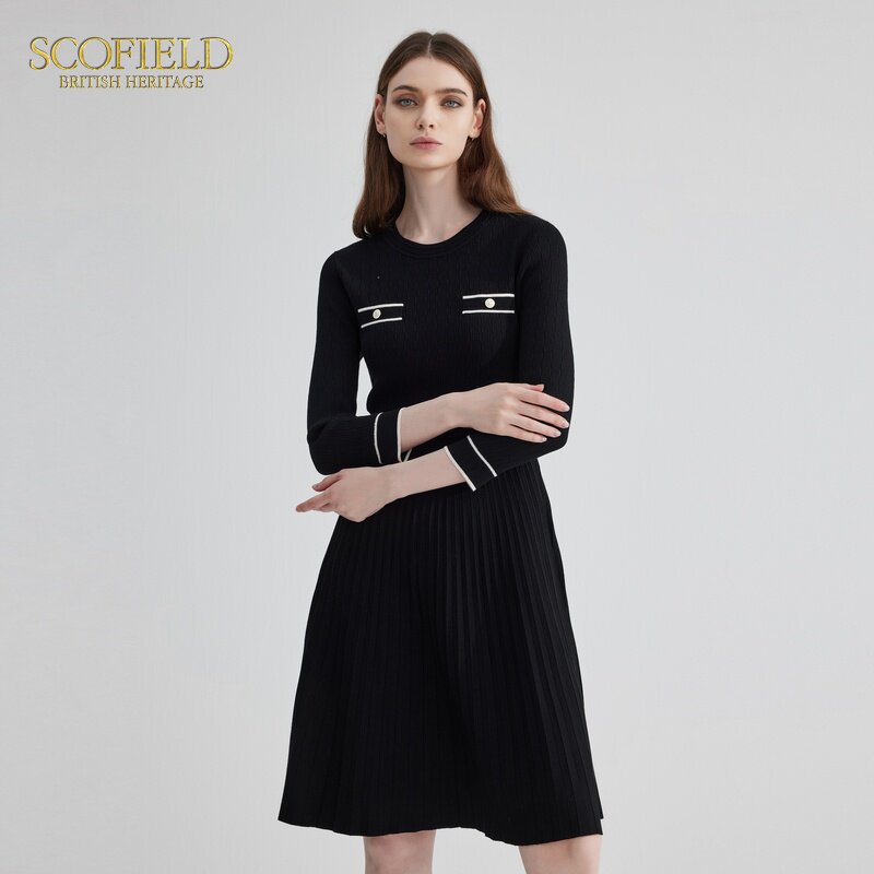 SCOFIELD小香风圆领收腰气质黑色长袖连衣裙SFOKD1106Q