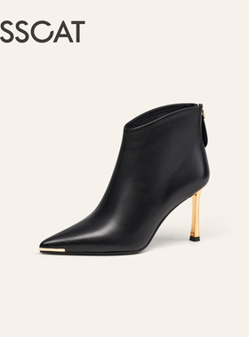 KISSCAT接吻猫25秋新款尖头黑色细跟真皮时装靴女KA64586-50