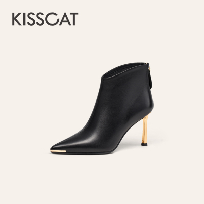 KISSCAT接吻猫25秋新款尖头黑色细跟真皮时装靴女KA64586-50