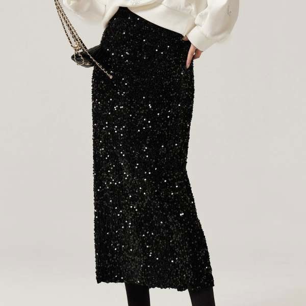 CHICHY气质名媛风丝绒亮片半身裙黑色A字直筒裙中长款CC5C009244
