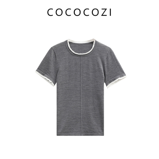 COCOCOZI春秋纯色蕾丝边紧身T恤短袖242CO531M