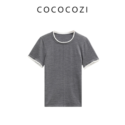 COCOCOZI春秋纯色蕾丝边紧身T恤短袖242CO531M