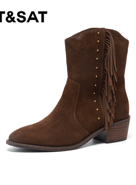星期六休闲西部靴女25冬季复古V口短靴帅气靴SSD4116074