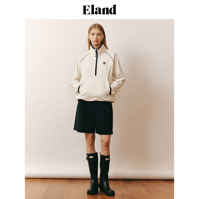 Eland卫衣女短款半开襟拉链柔软摇粒绒撞色上衣EEMTD4TT5I