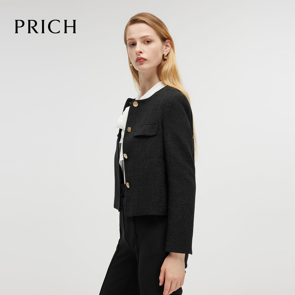 PRICH时尚通勤短款西装冬季正肩圆领外套女装