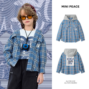 【专柜同款】MINIPEACE太平鸟童装男童衬衫秋季格子连帽长袖外套