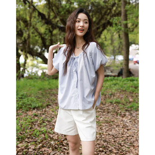 dme德玛纳学院风夏减龄灯笼袖衣领蝴蝶条纹短袖女N039221222610