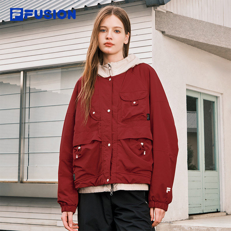 FILA FUSION斐乐潮牌棉服女2026春红色外套连帽夹克T11W613904A
