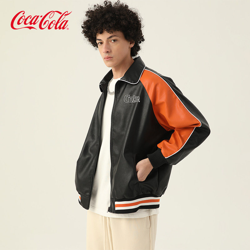 可口可乐Coke系列PU皮条纹拼接撞色刺绣机车夹克外套 男女同款
