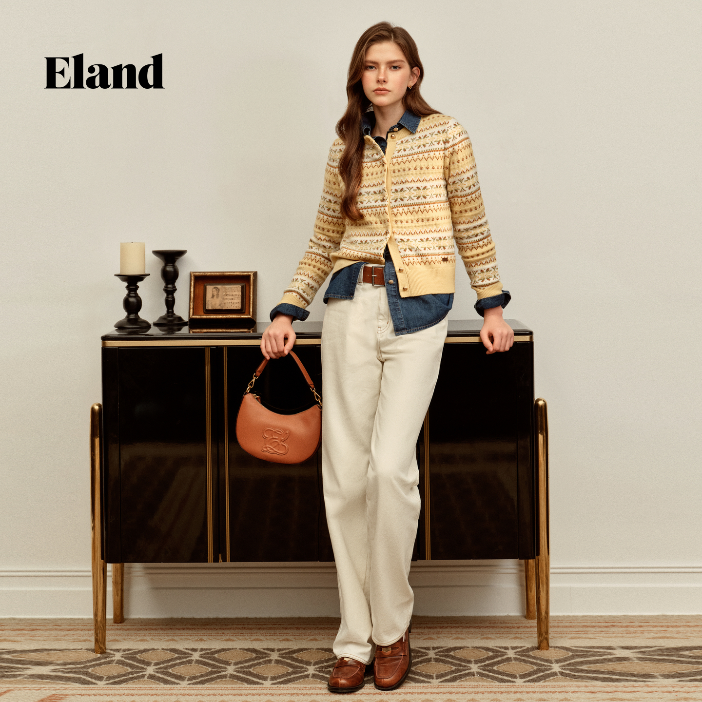 Eland针织衫女复古短款圆领撞色开衫