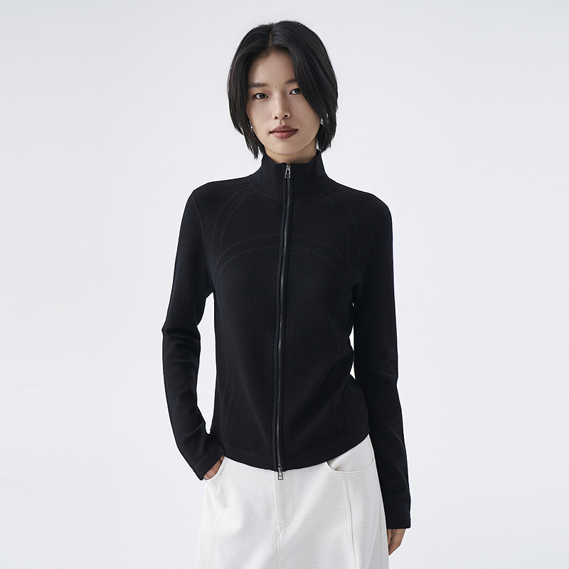 OTT2026秋季新款黑色 针织开衫女立领拉链修身通勤长袖上衣