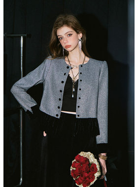 【柔软绵羊毛】CHICHY法式拼接灰色修身小香风外套CC2K010261