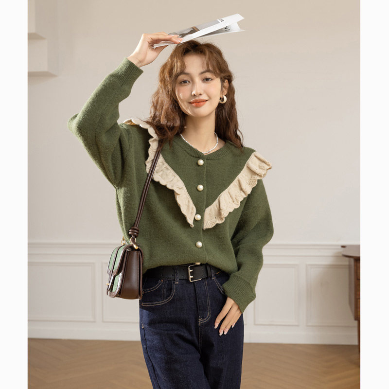 谜秀毛衣外套女蕾丝拼接冬季宽松气质加厚针织开衫MXB46Z1111,女装/女士精品,短外套,淘宝优惠券,粉丝福利购,淘宝优惠卷