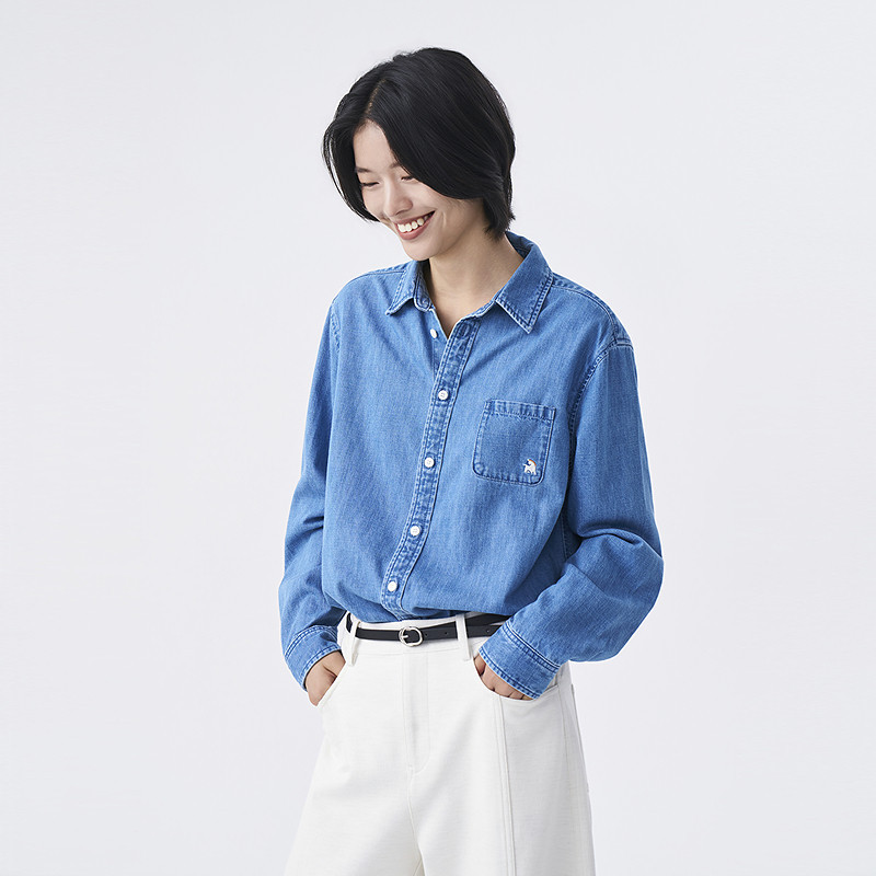 OTT2026秋季新款浅蓝牛仔衬衫女宽松直筒翻领长袖通勤单排扣衬衣