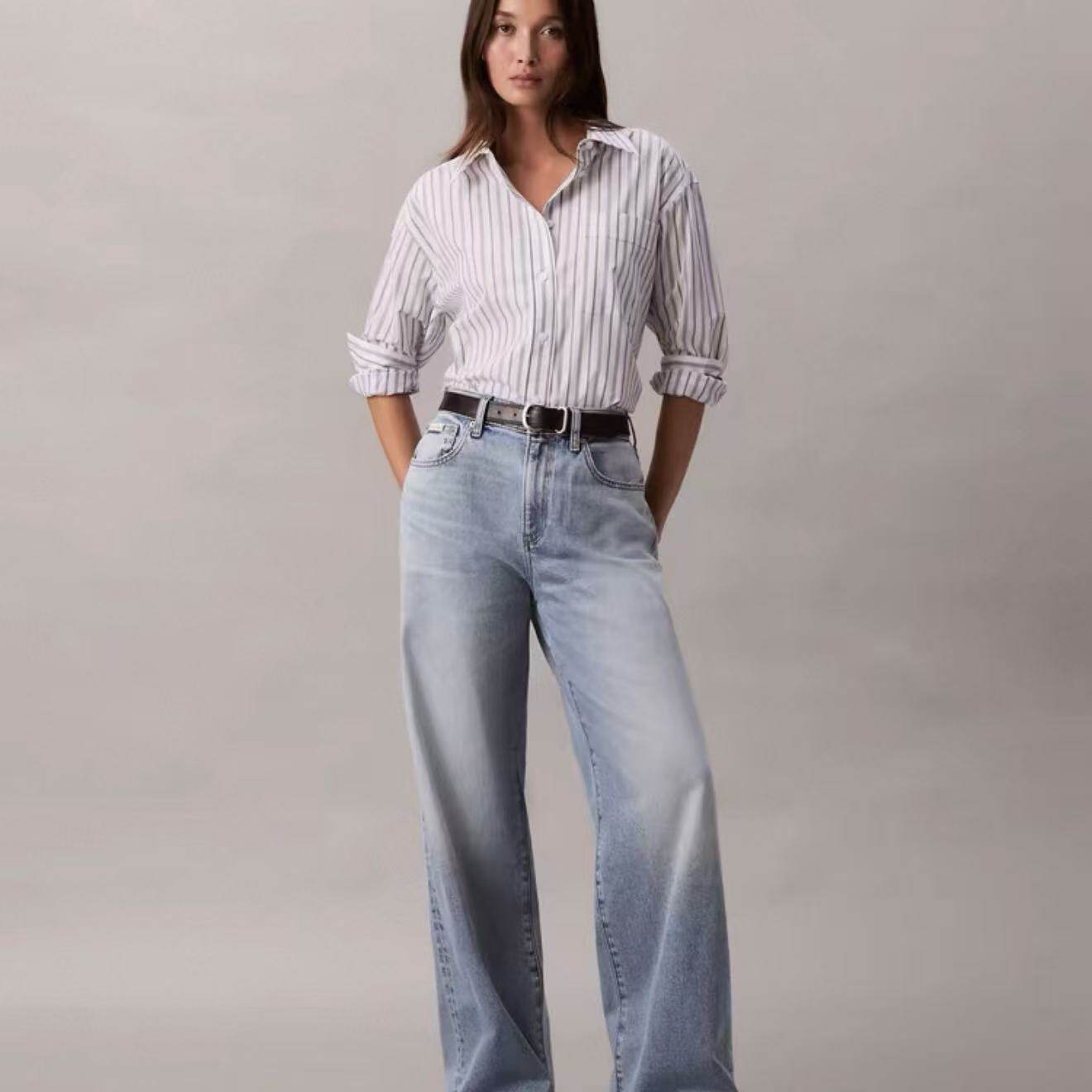 CK Jeans25秋冬新女士美式覆古浅蓝宽松阔腿牛仔裤47E785G