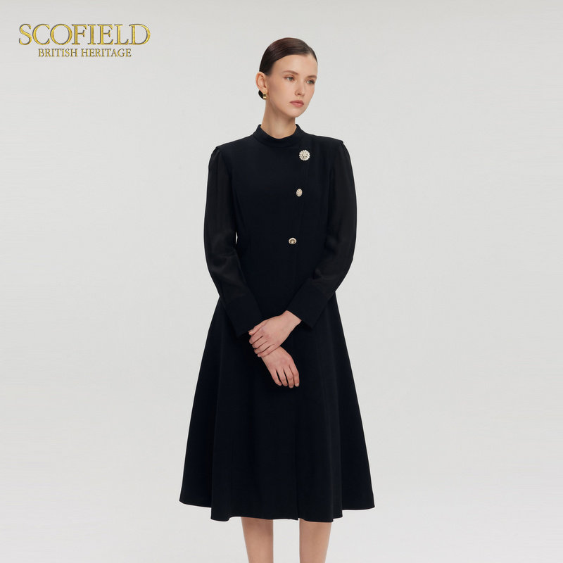 Scofield女装新中式半高领斜门襟拼接连衣裙2025春