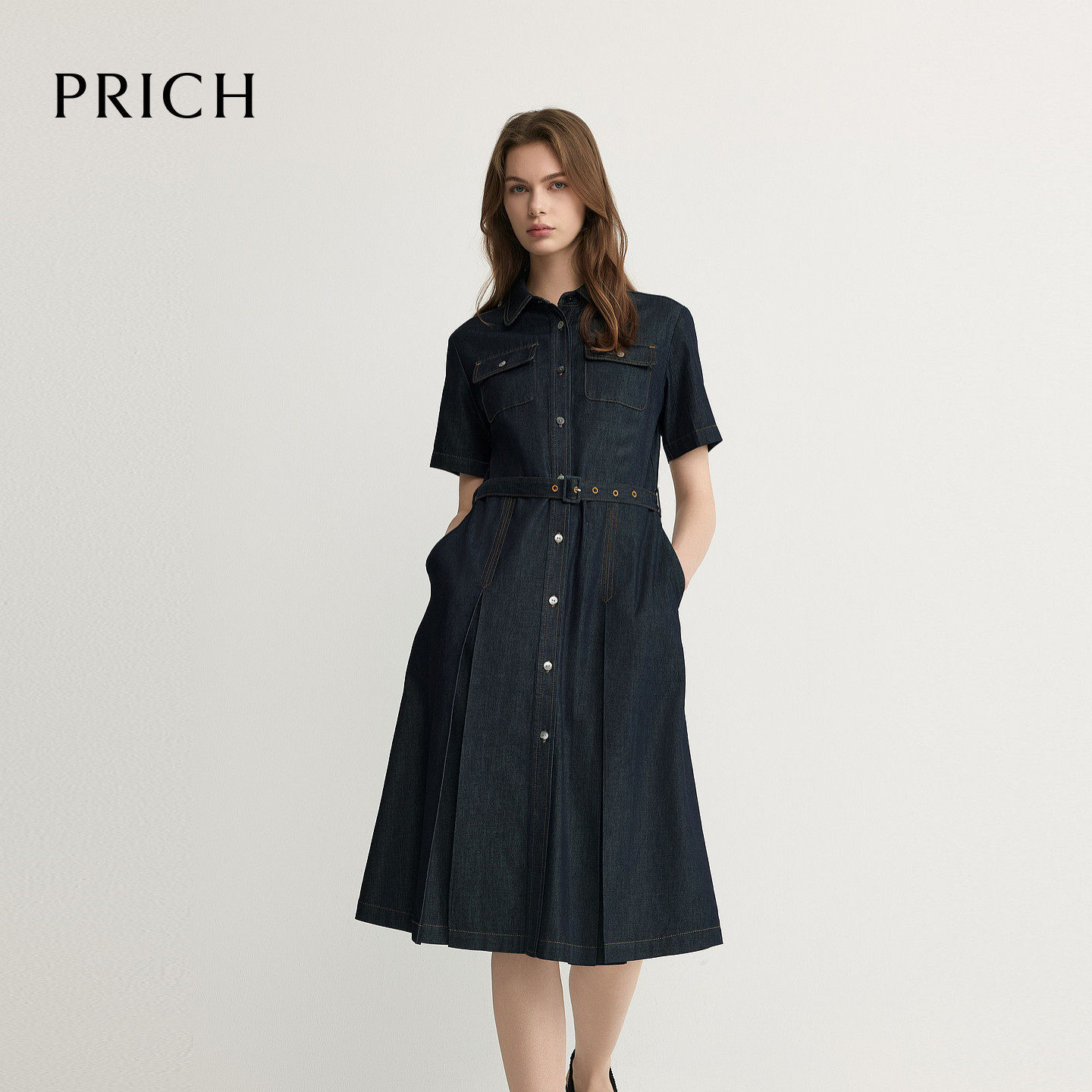 PRICH时尚复古明线衬衫式收腰牛仔连衣裙2026夏季休闲裙子女