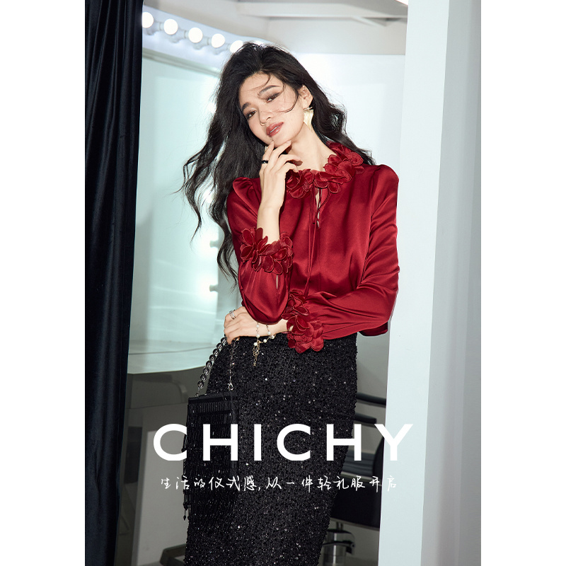 【质感醋酸】CHICHY复古名媛缎面衬衫红色长袖花边上衣CC1E006243