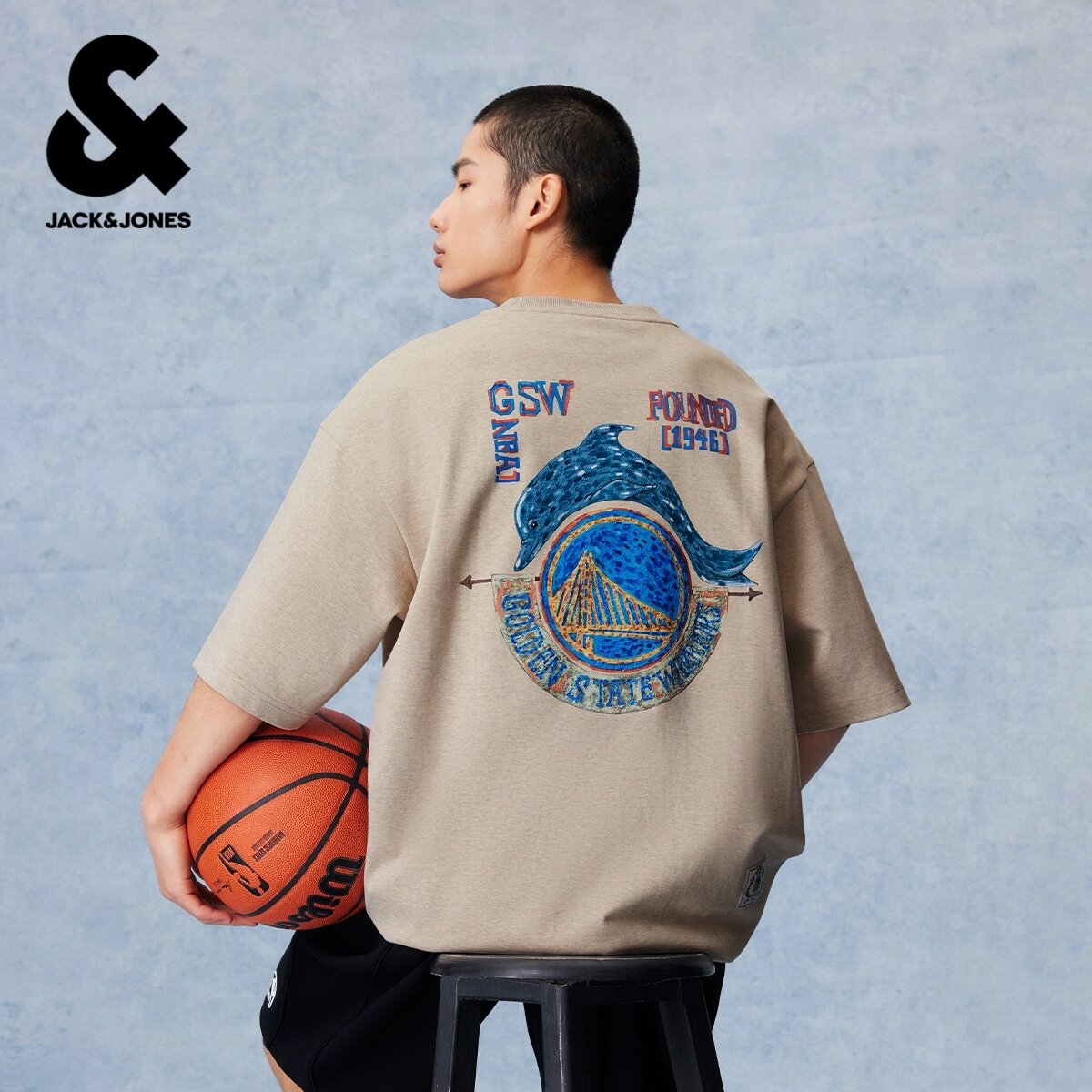 【NBA联名勇士队】杰克琼斯男短袖T恤上衣图案胶印圆领宽松纯棉