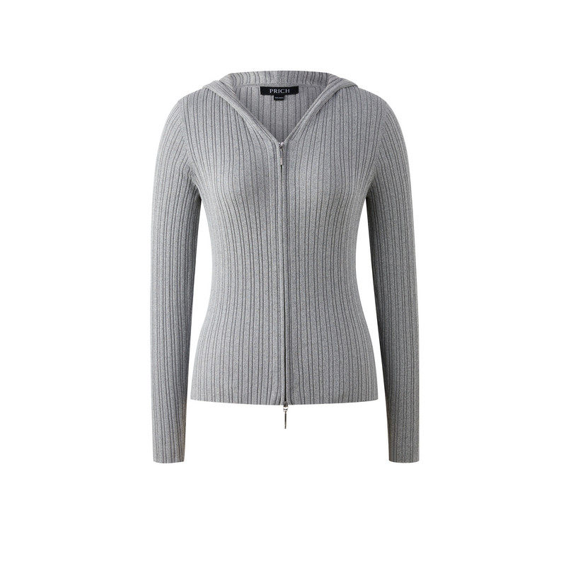 PRICH简约16针坑条肌理连帽针织开衫2026春季修身休闲上衣女
