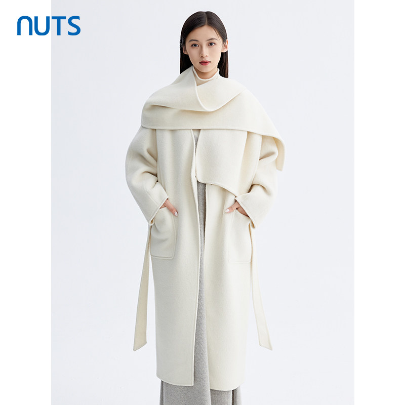 NUTS那时商场同款冬时尚纯色长袖腰带手工呢料长外套女5481510A1