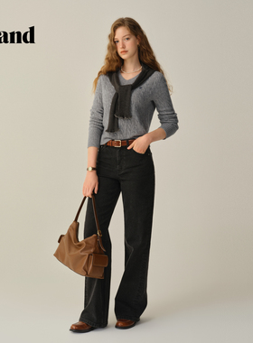 Eland牛仔裤女时尚宽松阔腿裤棉质长裤2025冬季EETJF4TE02